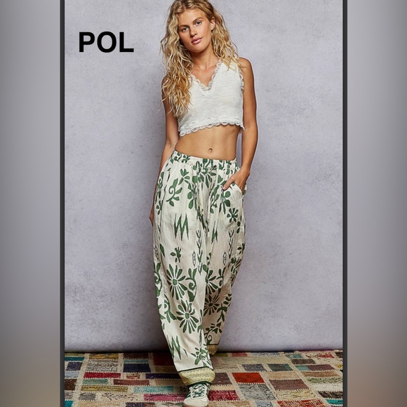 POL Pants - bP221-5💚🤍POL playtime  Green and Cream Patterned Pants w/elastic waist+wide leg